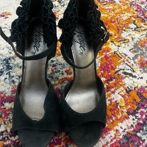 Fergie Dark Green Heels with Ruffle Detail